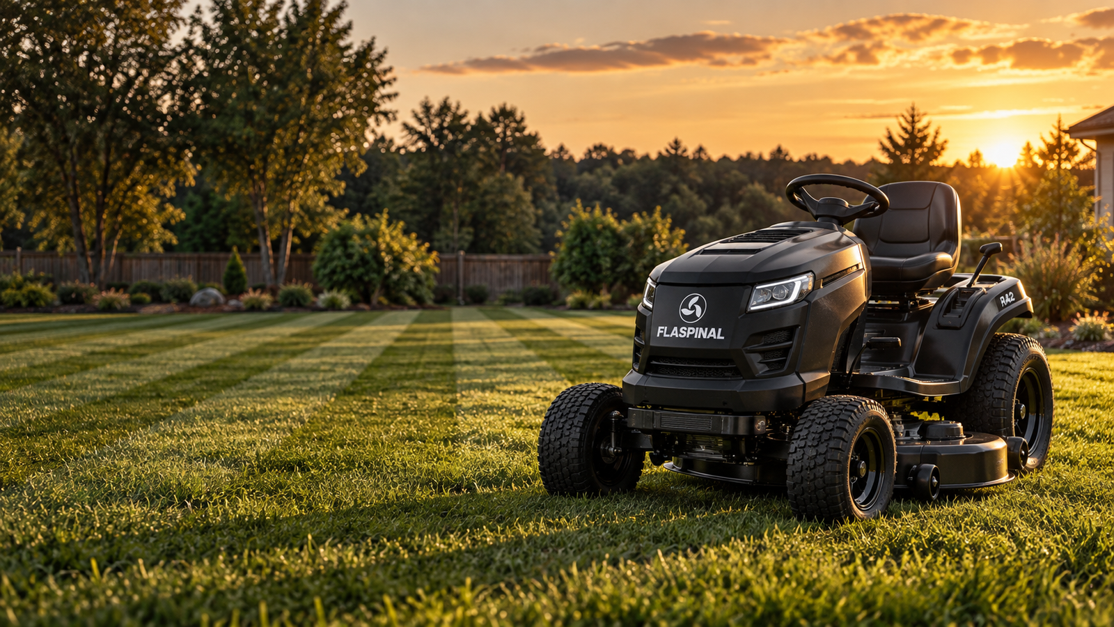A Flaspinal walk-behind mower cutting a residential lawn