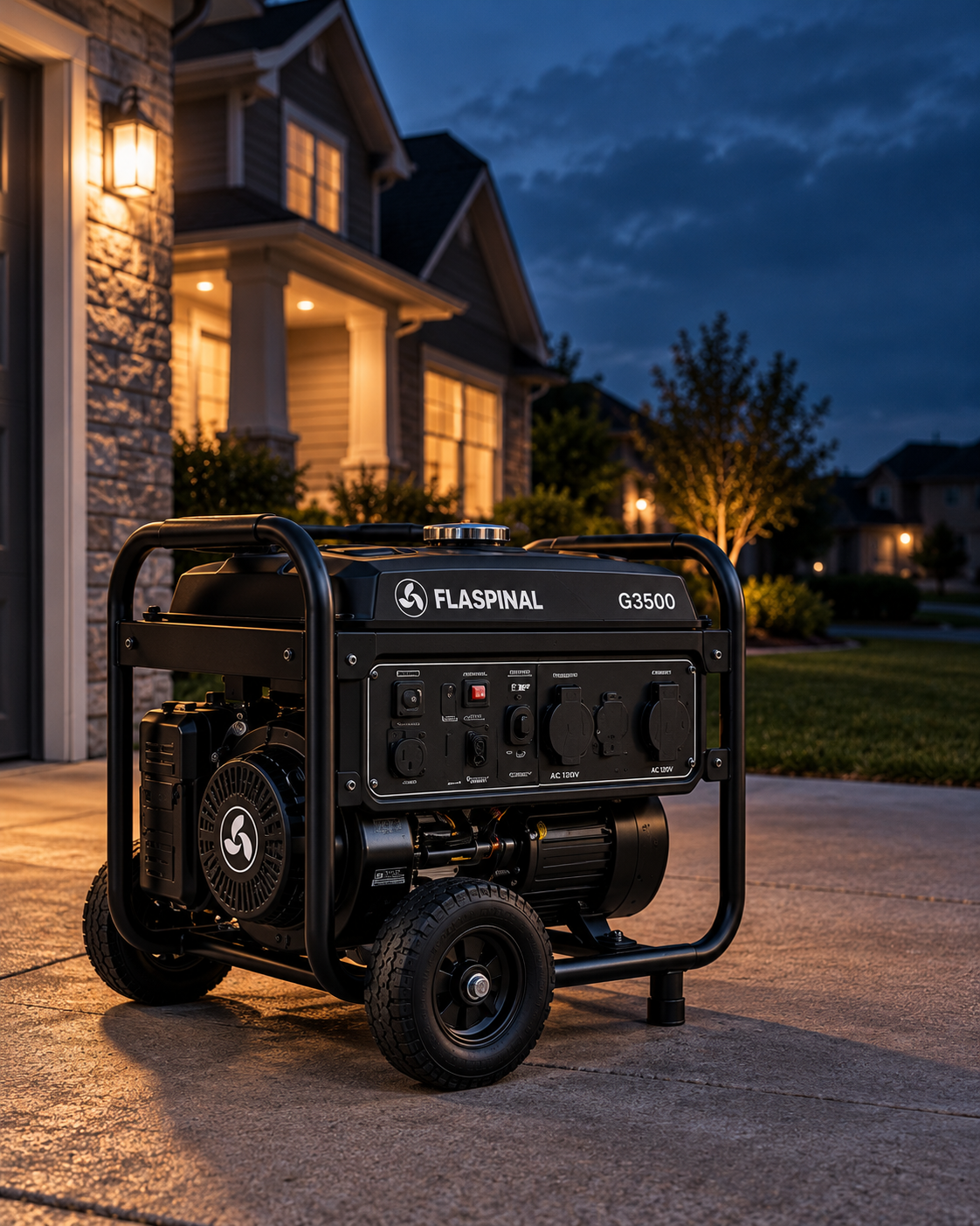 Flaspinal G3500 portable generator running outside a home during an outage