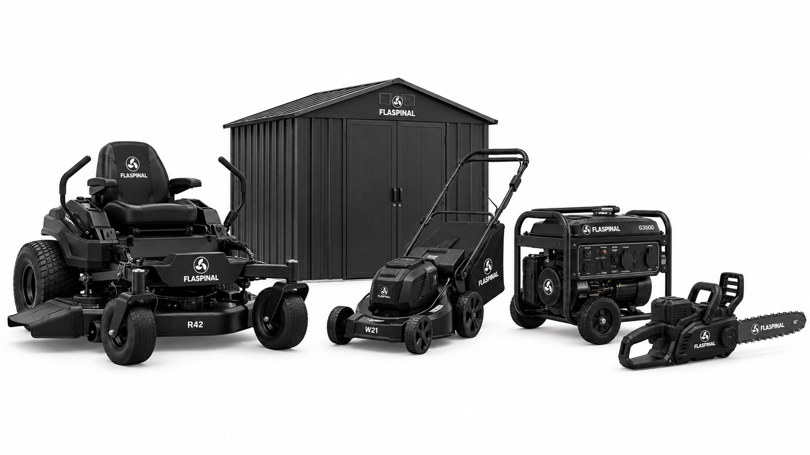 The Flaspinal range — riding mower, storage shed, walk-behind mower, portable generator and cordless chainsaw